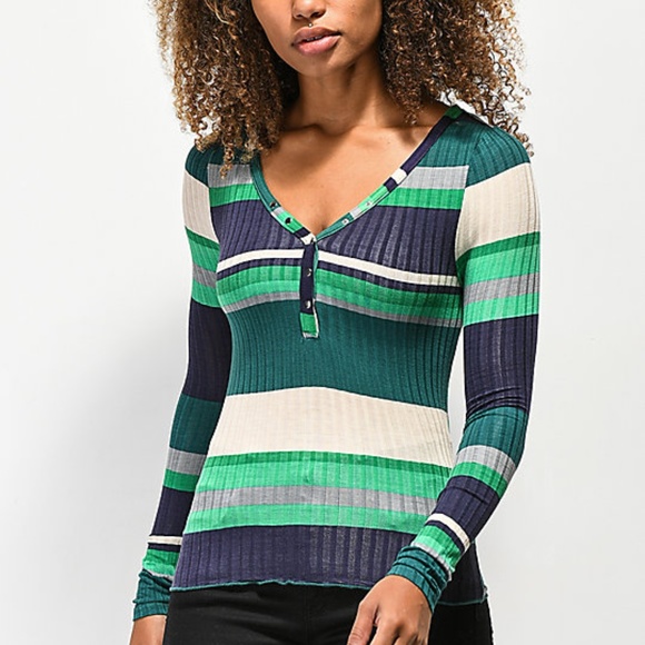 Ribbed Knit Striped Snap Button Henley Top